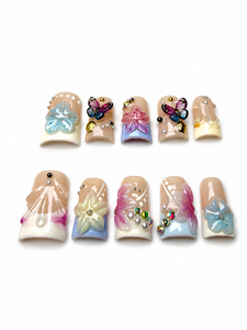 Ongles en gel artisanaux de luxe, style Y2K, rose <span class=keywords><strong>pastel</strong></span> estival, avec fleurs 3D, papillons transparents, strass AB <span class=keywords><strong>et</strong></span> perles, effet éclatant - Product Image 4