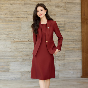 Burgundy Women's Suit Set Midi <b>Skirt</b> Full Sleeve Office Lady Anti-Wrinkle Polyester Worsted Fabric - Product Image 1