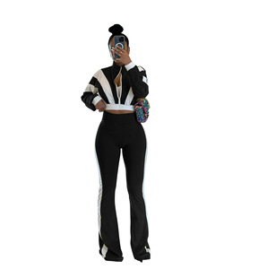 Conjunto de <span class=keywords><strong>Pantalones</strong></span> Acampanados de Corte Ajustado y Manga Larga para Mujer con Diseño de Bloques de Color y Cremallera, Logotipo Personalizado, Venta al por Mayor - Product Image 2
