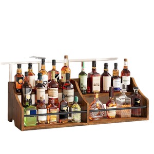 Estante de vino de madera de doble capa con organizador de botellas de hierro para mostrador de bar, exhibición y almacenamiento de licores. - Product Image 5
