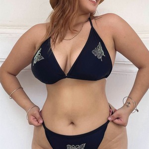 Commerce extérieur Europe États-Unis <span class=keywords><strong>Maillot</strong></span> <span class=keywords><strong>de</strong></span> <span class=keywords><strong>bain</strong></span> en mousseline ajouré à strass couleur unie grande taille ensemble <span class=keywords><strong>2</strong></span> pièces avec shorty bikini - Product Image 3