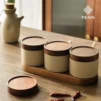 FENN Ensemble de pots à épices en céramique de style japonais rétro, distributeur d'huile en céramique artisanale, avec couvercle et plateau en bois