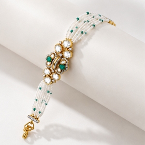 925 Silver Pearl <b>Beaded</b> <b>Bracelet</b> for Women with Green Stone Traditional Ethnic Designer Jewelry Fashion Party Wear Style - Product Image 2