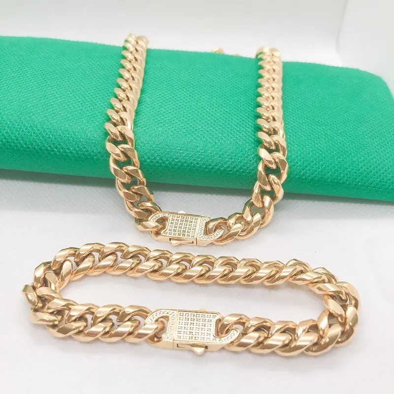 Inspire stainless steel Jewelry Miami Cuban Link Chain with zircon Box Lock Necklace men fashion jewelry necklaces