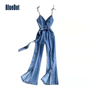 Bluedot Custom Hot Sale Vintage Denim Suit Two Piece Jacket Suit Sexy High Waist Denim Jumpsuit Jeans Women's Trousers