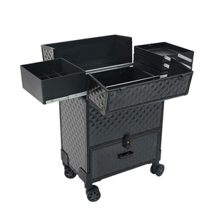 กระเป๋าเครื่องสำอางแบบล้อลากลายตารางสีดำพร้อมกุญแจล็อค สำหรับใส่เครื่องสำอาง ทำเล็บ ทำผม และอุปกรณ์เสริมสวย - Product Image 1