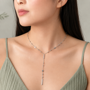 Collar con Colgante en Forma de Y Geométrico, Cadena de Acero Inoxidable con Cuentas y Diamantes, Colores Dorado y Plateado - Product Image 5