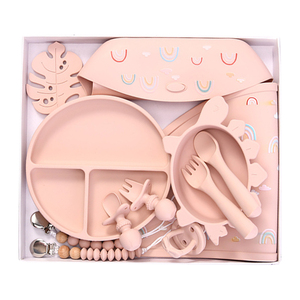 Vajilla de alimentación de silicona para niños aprendiendo <span class=keywords><strong>a</strong></span> <span class=keywords><strong>comer</strong></span> Tenedor de entrenamiento cuchara suministros para bebés babero de silicona juego de cuencos con ventosa - Product Image 3