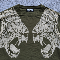 T-shirt MZN pour homme, extra large, imprimé double tête de tigre perlée, écologique, effet vieilli, vert, coton épais