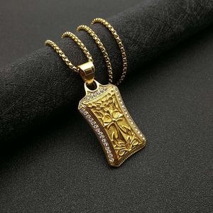 yunnique Hip Hop Style Gold Plated Stainless Steel Rectangular <b>Cross</b> Pendant Necklace With Diamond Pave Setting For Gift - Product Image 1