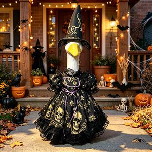 Disfraz de Bruja para Ganso de Porche de Halloween, Vestido con Estampado de Calavera Negro y Dorado de 23 Pulgadas con Sombrero de Bruja para Estatua de Ganso, Decoración Festiva - Product Image 1