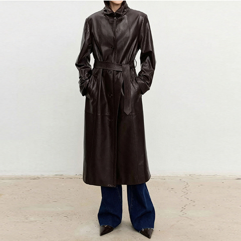 HN000004 Women's Slim Fit Belted Waist Long Leather Overcoat Notched Lapel Wax Dyed Sheepskin Trench Coat