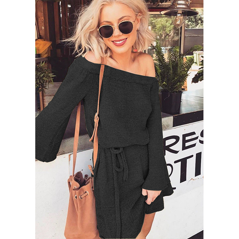 women long sleeve V neck knit belted sexy fashion Drop shoulder bodycon sweater dress
