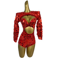 Combinaison Courte Scintillante à Manches Longues et Paillettes pour Femme, Tenue de Festival de Musique Évidée, Justaucorps de Club pour Showgirl