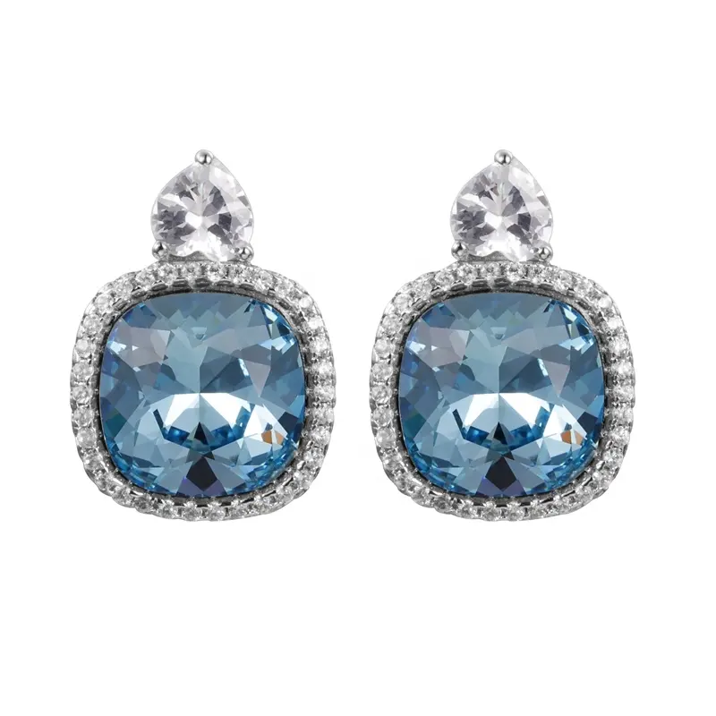 Groothandel Custom Verlovingsgeschenk Bruids Messing Fijne Mode Sieraden Saffier Kristal Diamant Veiligheidsspeld Oorknopjes Voor Vrouwen