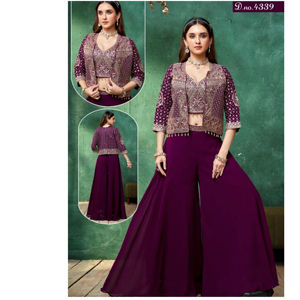 Designer Indo Western Palazzo Suit <b>for</b> Women with Embroidered <b>Jacket</b> Style Crop Top <b>for</b> Festive <b>Wedding</b> Party Wear - Product Image 2