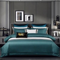 Parure de lit de luxe 4 pièces rayée turquoise en satin jacquard, housse de couette douce et respirante, style hôtelier, pour chambre à coucher