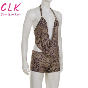 New Sexy Leopard Print Digital Printing Halter Neck Backlesstop Summer Knitting Breathable Knee <strong>Shorts</strong> <strong>Suit</strong> <strong>Women</strong> 2 Piece Set - Product Image 2