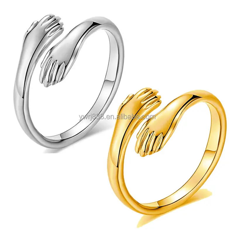 Amazon's new love two-handed hug couple ring hip-hop copper gold-plated adjustable open-to-ring jewelry
