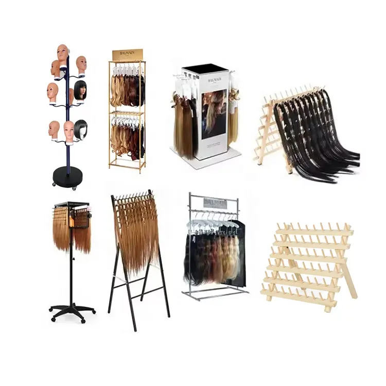 Factory Custom Hair Product Shop Custom Design Lockable Metal Wire Wig Hair Extension Display Stand Braiding Hair Rack