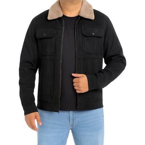 Chaqueta de Cuero de Gamuza para Hombre, con Cierre Completo, Bolsillos en el Pecho, Cuello de Sherpa Desmontable, Estilo de Ropa de Trabajo, Resistente al Viento, para Invierno - Product Image 1