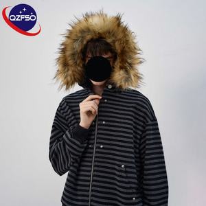 QZFSO Wholesale 400 Gsm French Terry Mens Vintage Double Zipper Sweatshirt Custom Acid Wash Zip up <b>Faux</b> <b>Fur</b> Hood Stripe <b>Hoodie</b> - Product Image 2