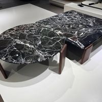 Ensemble de 2 tables basses gigognes de luxe modernes avec plateau en placage de pierre translucide rétroéclairé et pieds en bois massif pour salon, fabrication OEM sur mesure