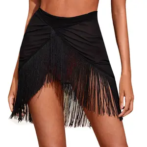 Custom Dance Sarongs Women's Mesh Swimsuit Cover-up Fringe Clear Sarong Cover Skirt Beach Wrap Bikini Sarong