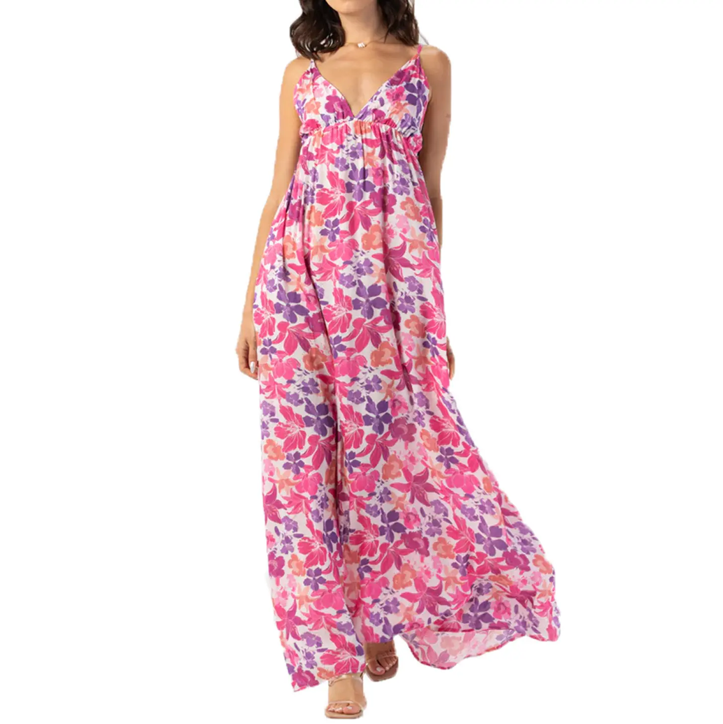 Gaun Maxi panjang cetak motif bunga wanita pakaian seksi bergaya Modern grosir Musim Panas 2023