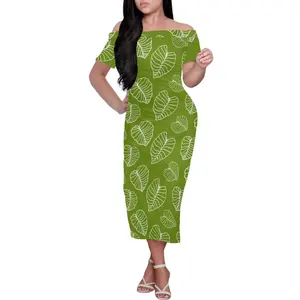 Fabricant de logo personnalisé Kalo Leaf Full Print Green Robe de soirée cocktail midi élégante moulante à manches courtes et épaules dénudées pour femmes