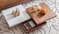 Table basse modulaire minimaliste en bois massif moderne, 3 panneaux décalés avec rangement dissimulé, pour salon et chambre, en stock