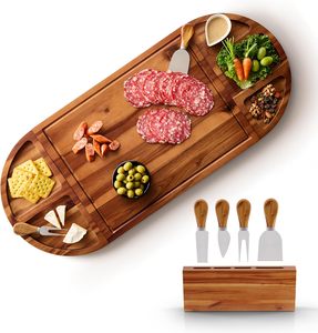 Grande planche en bois d'acacia avec un ensemble <span class=keywords><strong>de</strong></span> 4 couteaux, <span class=keywords><strong>plateau</strong></span> rond en bois magnétique en 3 parties pour servir le fromage, la nourriture, les en-cas - Product Image 1