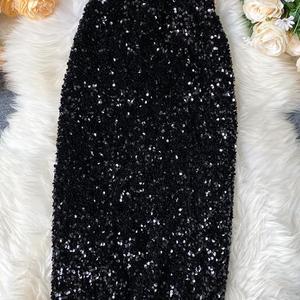 ベストセラー春夏ファッションブラックセクシースパンコールヒップスカートエレガントな女性ハイウエストスカート - Product Image 6