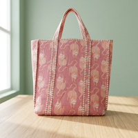 Sac fourre-tout matelassé en coton imprimé à la main indien, couleur poussière, fermeture ouverte, pour femme, shopping et voyage