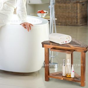 Wooden <b>bathroom</b> <b>stool</b>, corner double-layer storage rack, solid wood <b>bathroom</b> toiletries organizer - Product Image 1