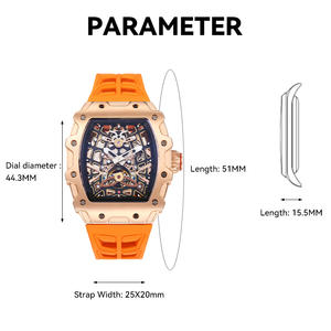 Nuovo Orologio Meccanico Scheletrato in Acciaio Inossidabile Placcato Oro Rosa 3ATM con Cinturino Arancione e Vetro Zaffiro - Product Image 6