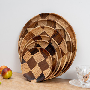 Wooden Checkerboard <b>Tray</b> Acacia Wood Round Serving Plate For <b>Tea</b> Coffee Hotel Use - Product Image 3