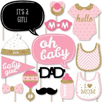 Kit d'accessoires pour photomaton de baby shower rose et or Hello Little One, 20 pièces |   Masques bulles de bulles de dialogue en papier avec bâtons de support inclus, fabriqués en Chine