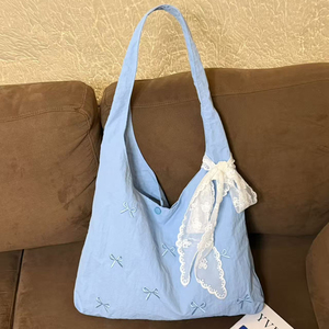 Korean-Style <b>Canvas</b> <b>Bag</b> <b>Large</b>-Capacity Shoulder <b>Bag</b> with Embroidered Bow Accent - Product Image 4