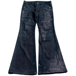 ZHUO YANG קרמנט מכנסי דמין שטופים שחורים ג'ינס מעור נחש לגברים באיכות גבוהה ג'ינס מתלקח לגברים