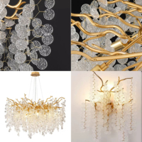 Lustre artisanal en forme de branche, en métal doré, avec pampilles en verre, luminaire suspendu personnalisé pour hall d'hôtel, restaurant, projet