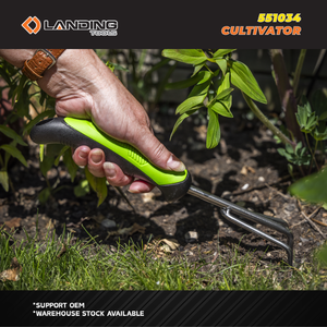 Râteau de jardin 551034, outil en métal, 3 dents, tête en acier inoxydable, manche ergonomique en PP TPR antidérapant, noir et vert, fournisseur OEM - Product Image 2