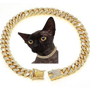 Hip Hop Gold Bling Pet Sphynx Cat Necklace Wholesale Rhinestone <b>Dog</b> Cuban Chain <b>Collar</b> - Product Image 1