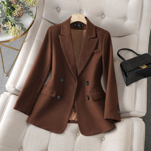<b>Brown</b> <b>Wool</b> Blazer For Women Mid Length Warm Solid Color Autumn Winter Style - Product Image 1