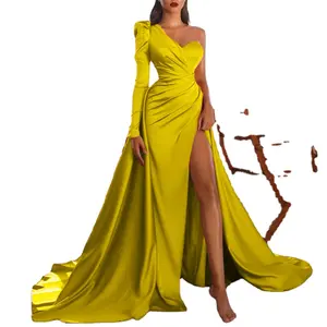 long slit single shoulder trailing banquet evening dress large swing skirt Long sleeve silk and satin dress