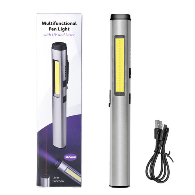 Portable 3 in 1 UV LED Pen Flashlight Torch USB Rechargeable Magnetic Pocket Clip COB Pen Work Light with Laser Pointer