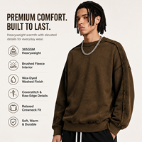Sweat-shirt à col rond en molleton teint à la cire 365 GSM, délavé, bords bruts, coupe ample, style streetwear américain, fourniture marque privée