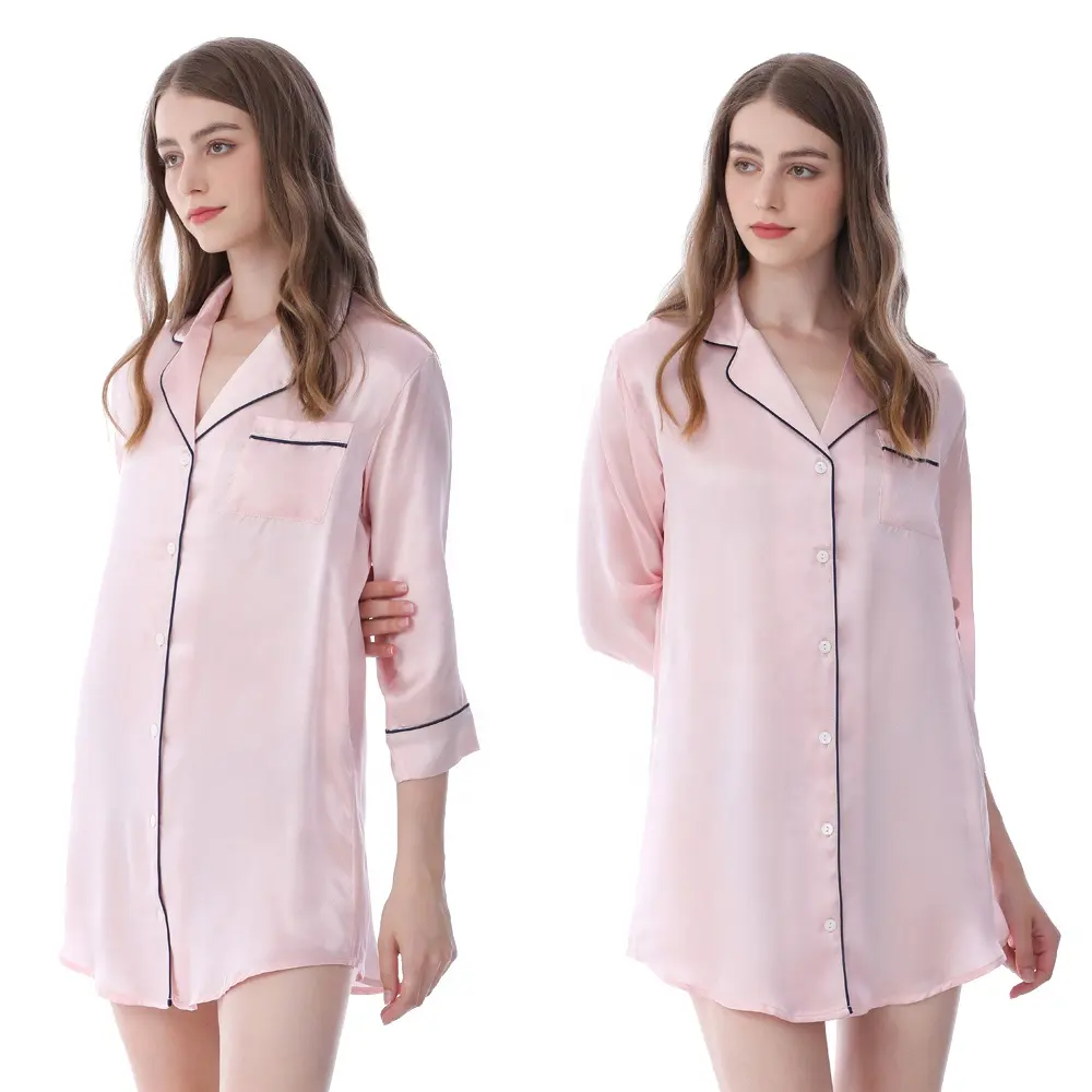 Luxurious 100% Pure Silk Piped Sleeping Night Shirt for Women