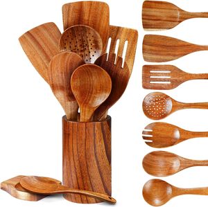 Ensemble de 7 ustensiles de cuisine en bois, ustensiles de cuisine en bois avec support, cuillères pour cuisiner, bois de teck et d'acacia naturel - Product Image 1