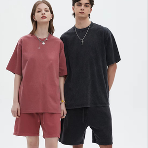 Customised Summer Breathable 100% Cotton Street Style Washed Do Old Dyeing Flood White Short Sleeve Shirts and Shorts Unisex <b>Set</b> - Product Image 3